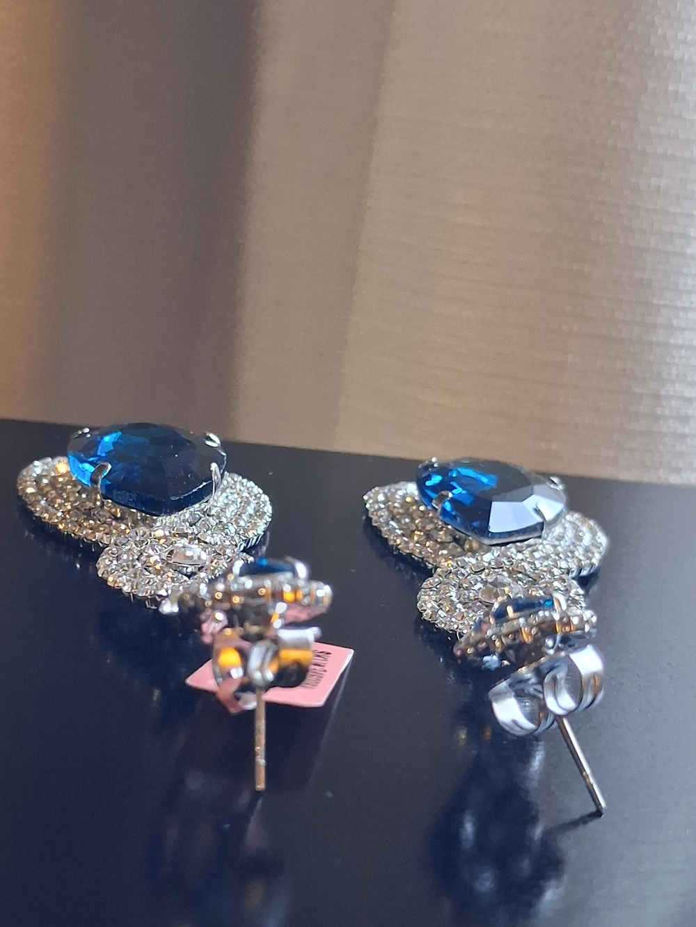 Sapphire Blue Glass Rhinestone Pageant Statement Earrings Prom Event Bridal 3¼" - Picture 9 of 16